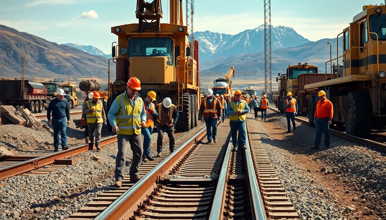 Rail contractor Canada team collaborating at a railway construction site.