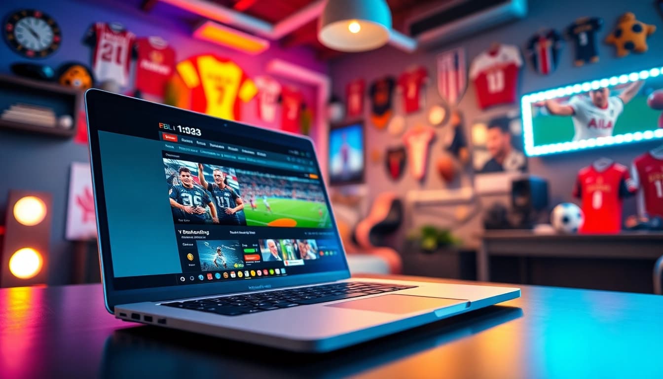 Menyaksikan bolakami dengan laptop di meja modern dikelilingi memorabilia sepak bola.