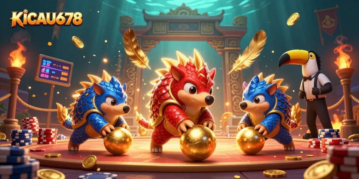 KICAU678 rivals battle with pangolins rolling poker chips in an exciting casino illustration