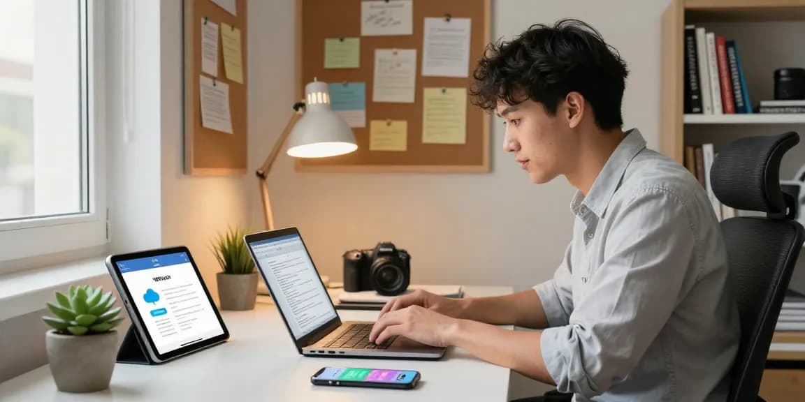 在现代家办公环境中，使用WPS Office 下载的年轻专业人士正在高效编辑文档，桌上摆放着科技设备和创意笔记。