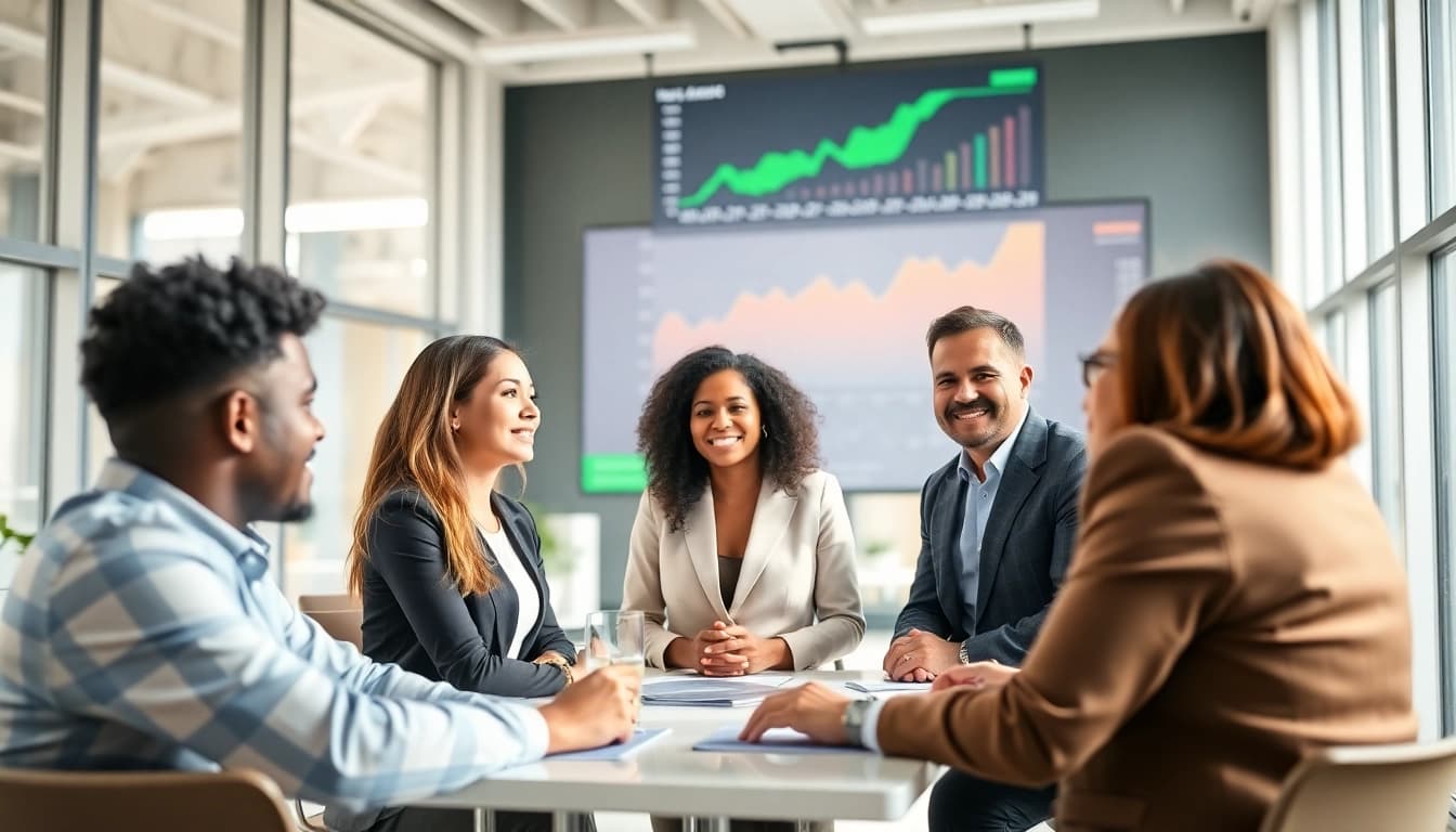 Collaborative entrepreneurs discussing PayPal merchant cash advance in a modern office setting.
