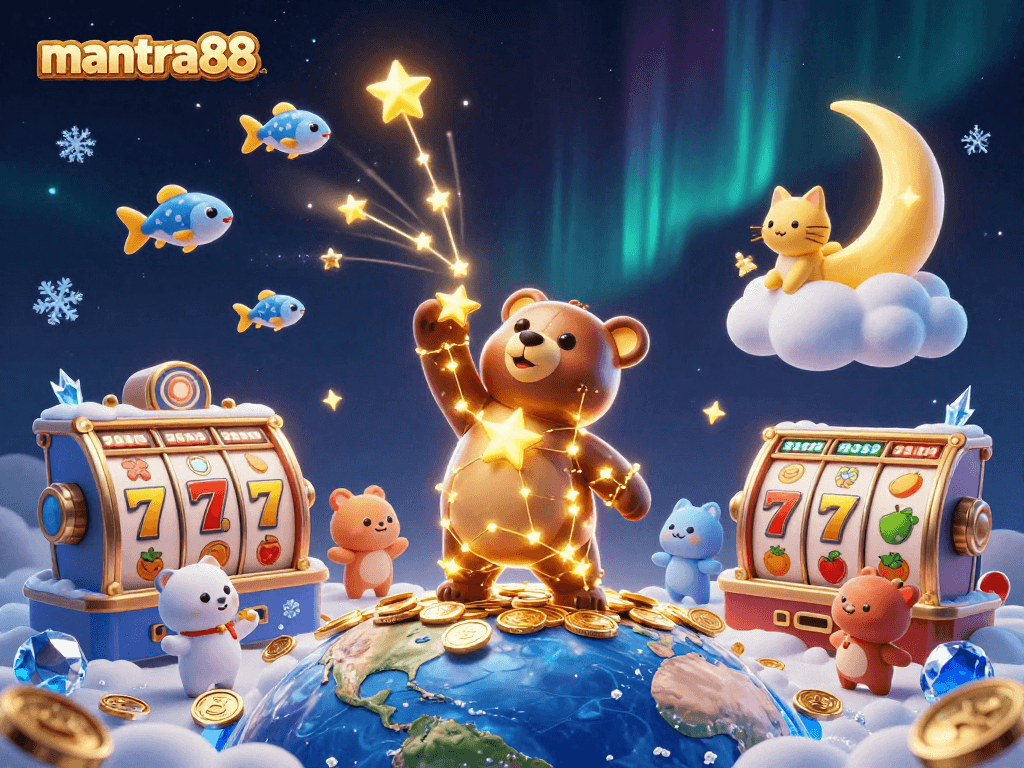 Experience thrilling gaming action with mantra88, featuring dazzling stars and spinning slot reels.