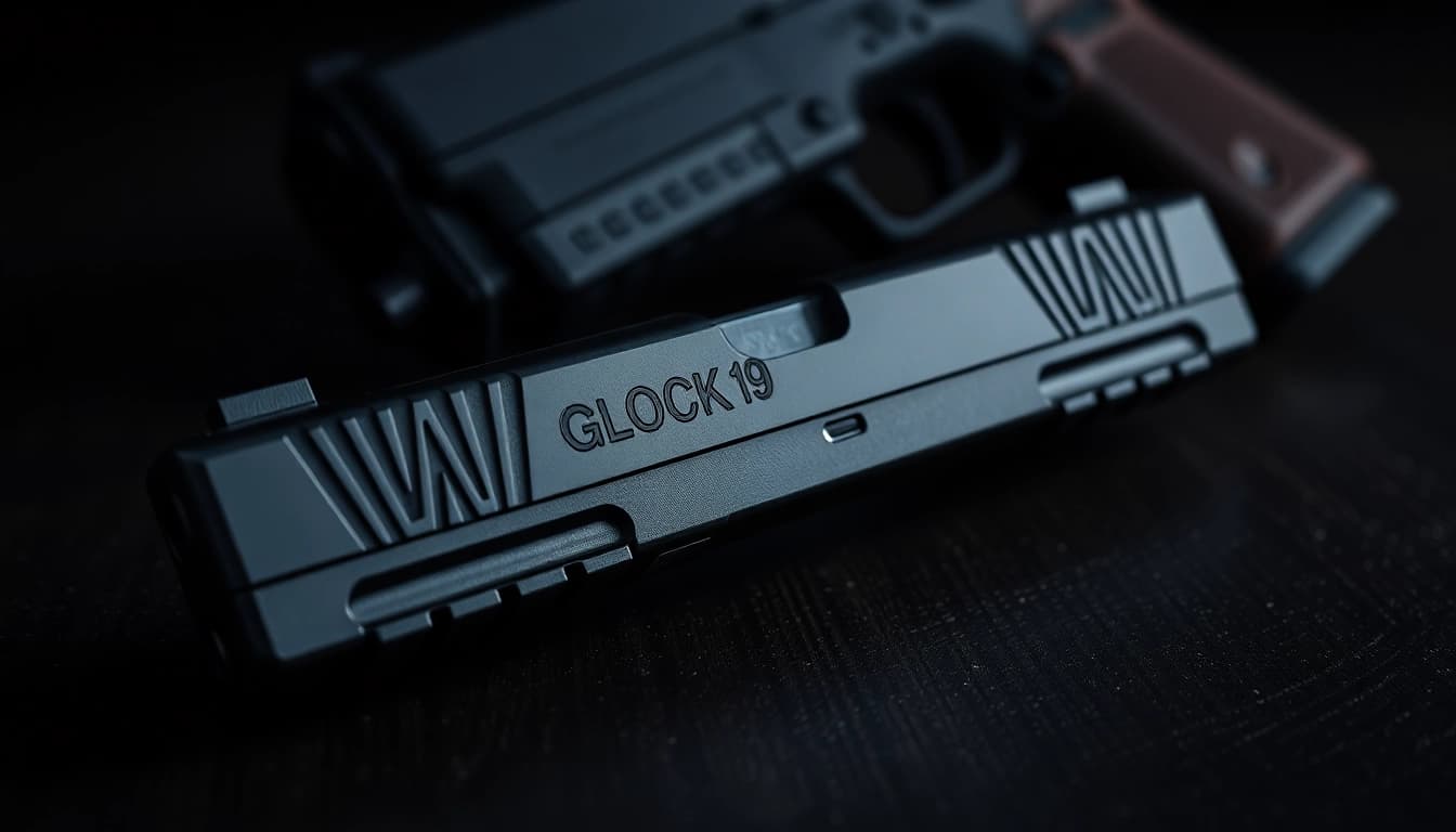 Showcasing a glock 19 slide with detailed craftsmanship and metallic textures.