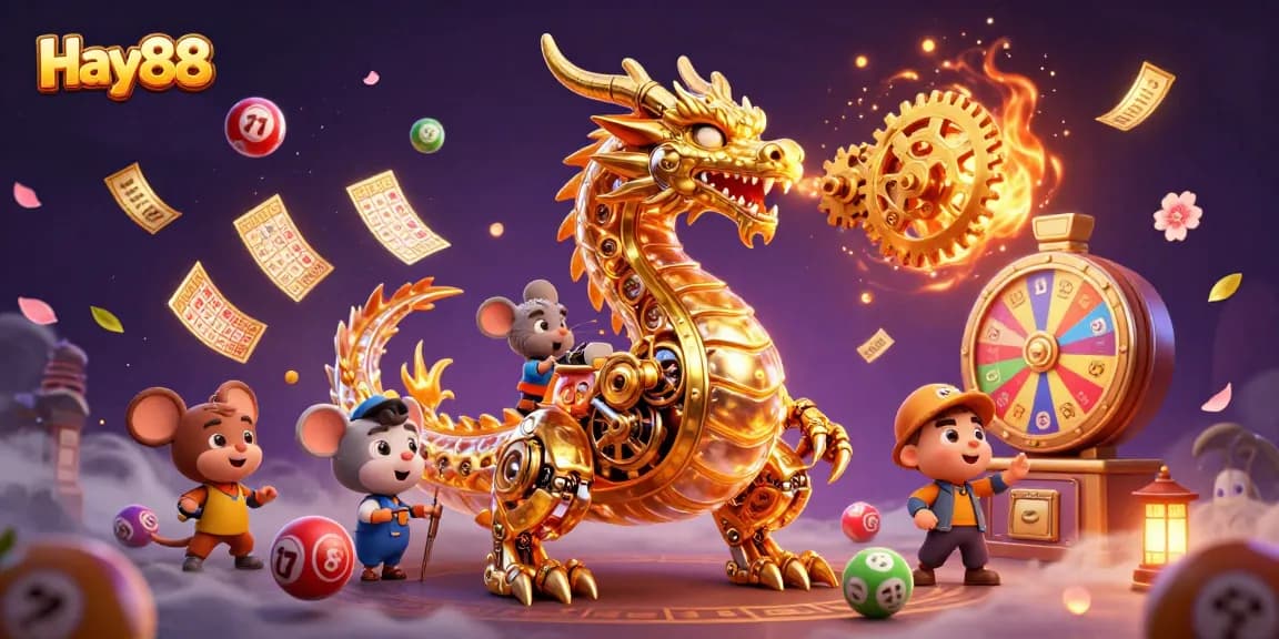Experience the excitement of Hay88 with dynamic lottery elements, golden dragon, and vibrant casino graphics.