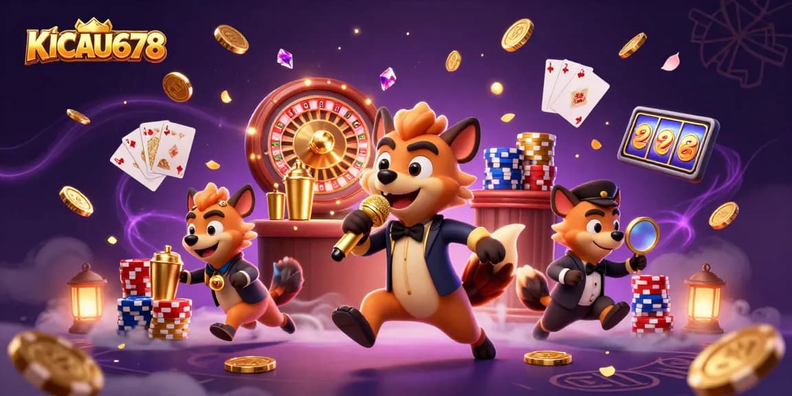 KICAU678 welcomes players to a vibrant casino scene with hyenas entertaining, mixing drinks, and checking IDs amidst gold coins and poker chips.
