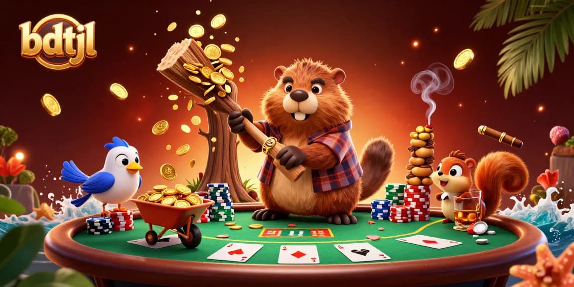 bdtjl captures a gambling scene with cartoon characters enjoying a poker game full of gold coins.
