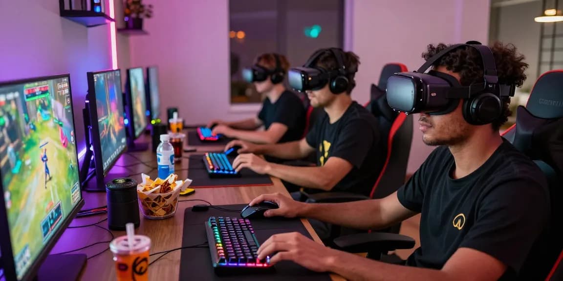 Gamers enjoying immersive online experiences with mantra88 VR headsets and gaming peripherals.
