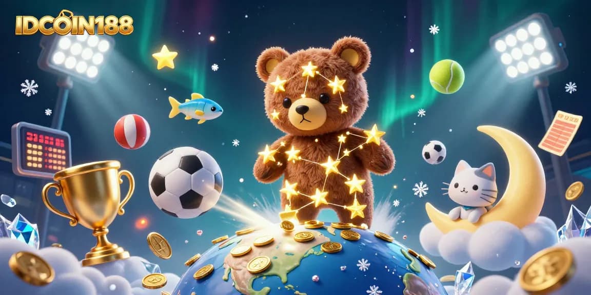 Engage with IDCOIN188’s thrilling environment, where a constellation bear and fish dive for coins amidst vibrant casino elements.