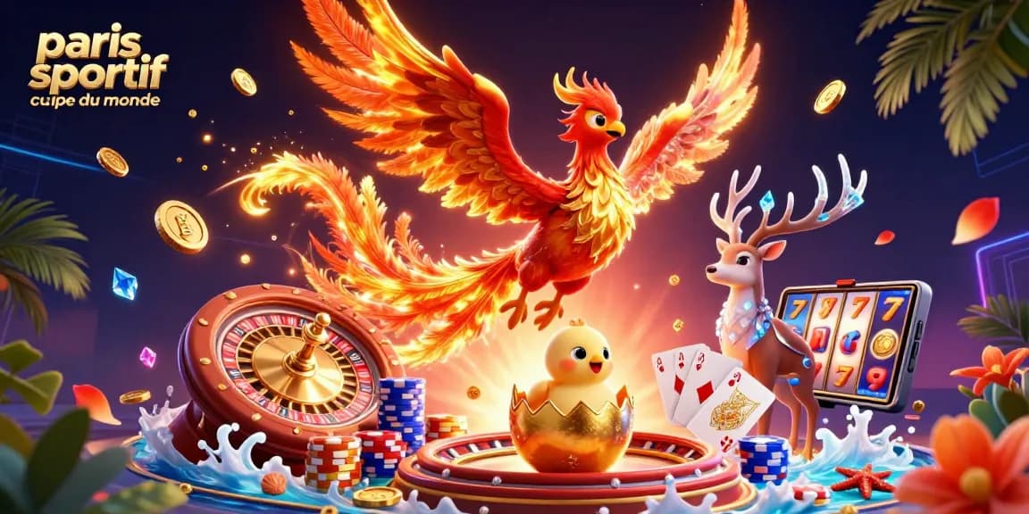 Pariez sur paris sportif coupe du monde avec une illustration captivante d'un phoenix enflammé et des éléments de jeu dynamiques.