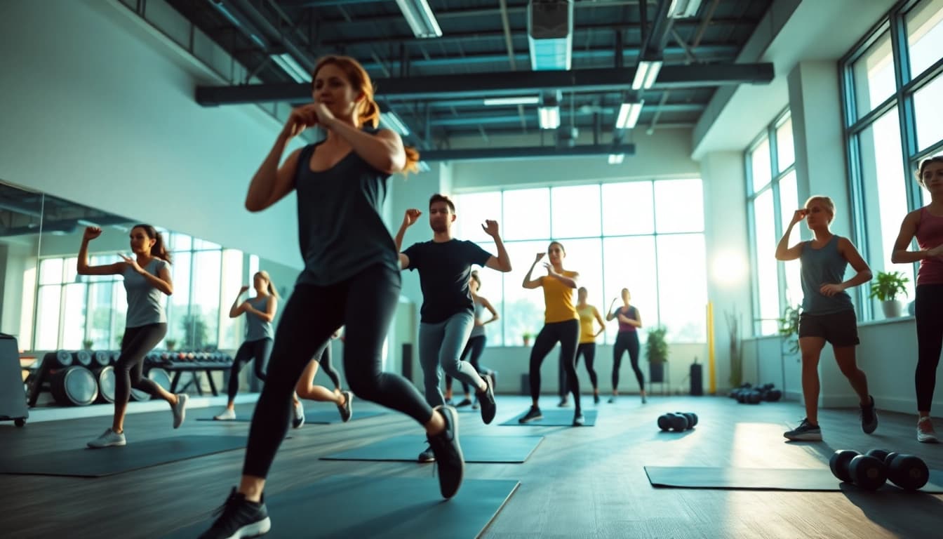 Movenetics individuals demonstrating fitness routines in a vibrant gym setting.