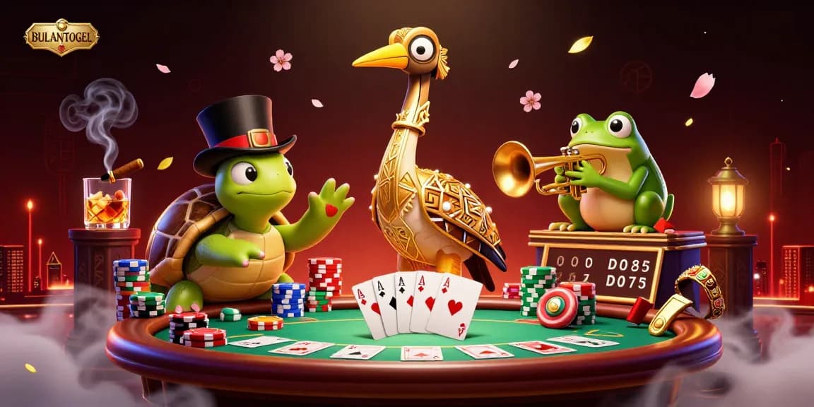 BULANTOGEL showcases a fun, vibrant casino scene with cartoon characters enjoying poker.