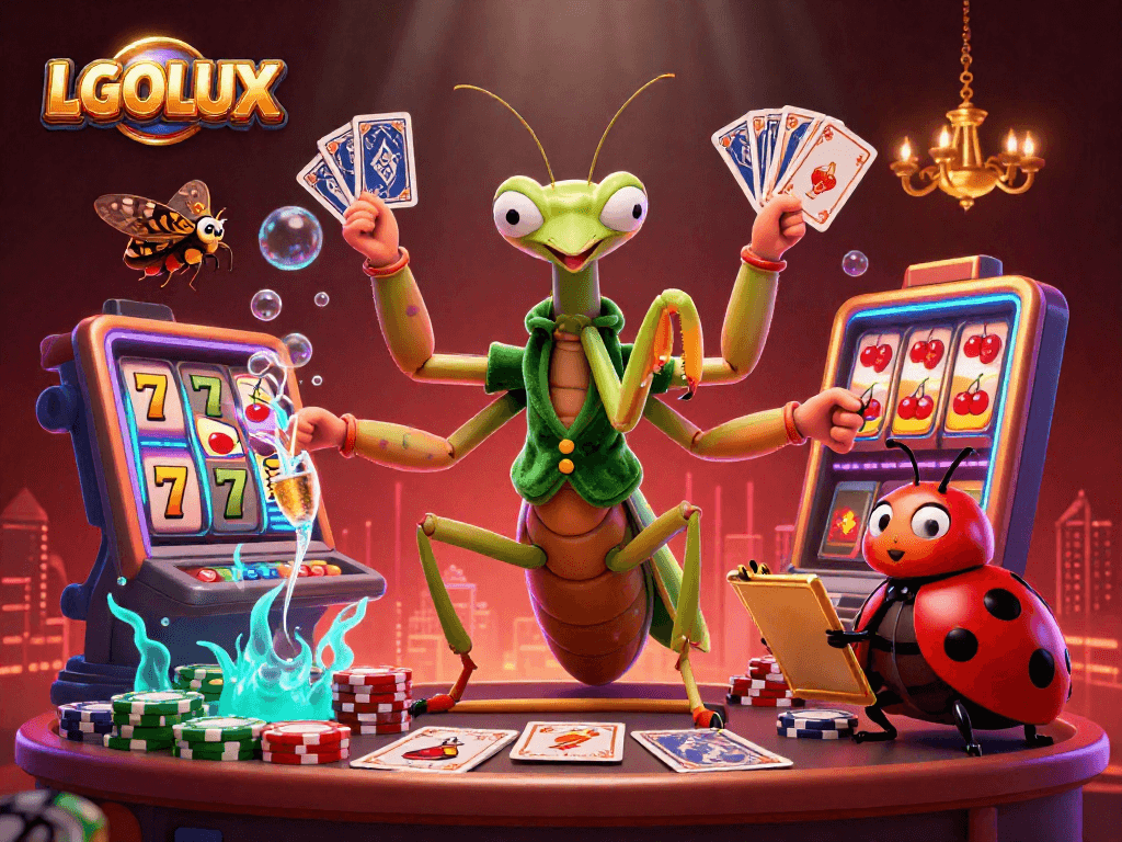 Engage in thrilling casino play with LGOLUX, featuring a mantis card sharp and vibrant slot elements.