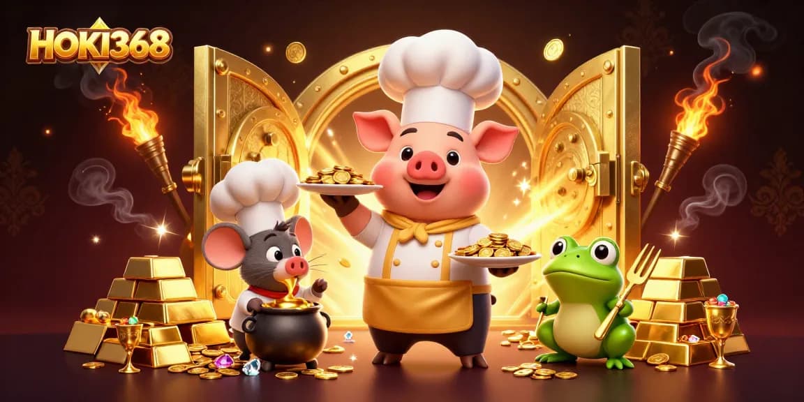 HOKI368 celebrates online gaming with a vibrant scene featuring golden treasures and whimsical characters.