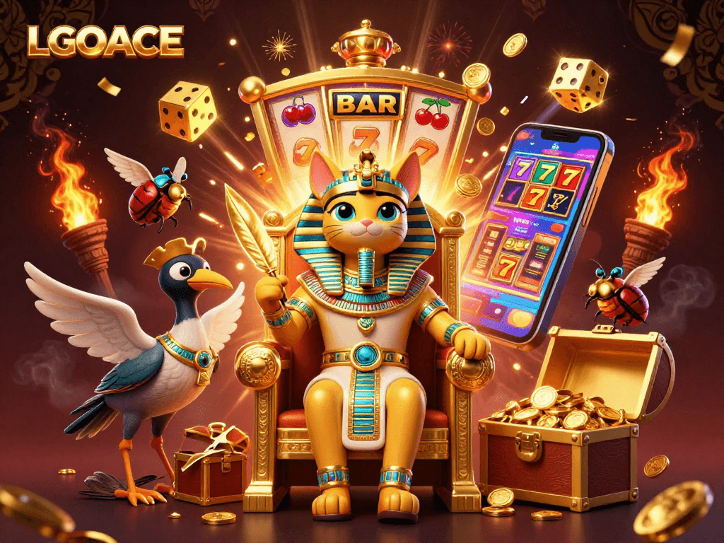 LGOACE offers thrilling slots with captivating jackpots, featuring an Egyptian pharaoh cat and dynamic casino elements.