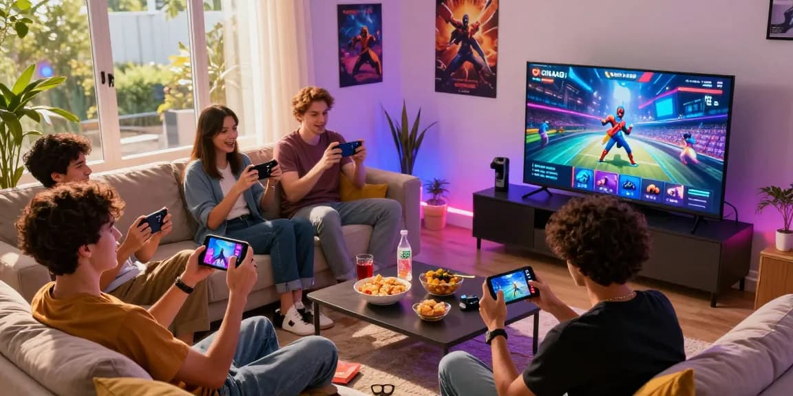 Enjoying gaming with CIKA4D app in a vibrant living room setting with friends.