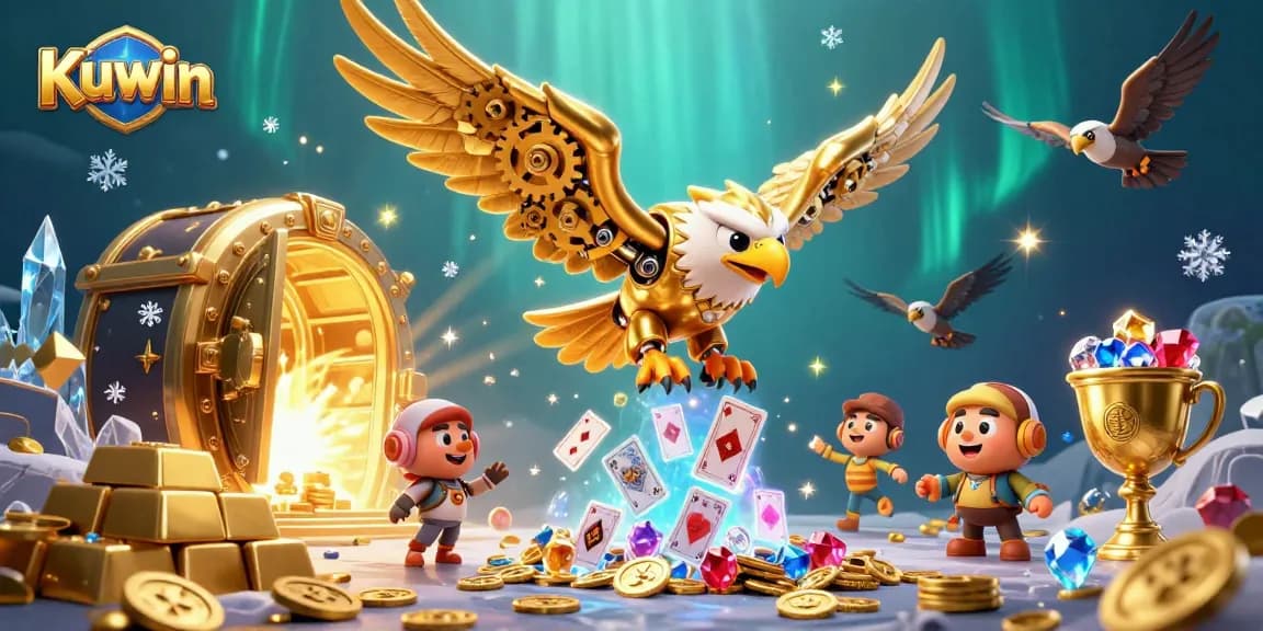 Kuwin's golden eagle navigating holographic cards, surrounded by treasures in a vibrant casino scene.