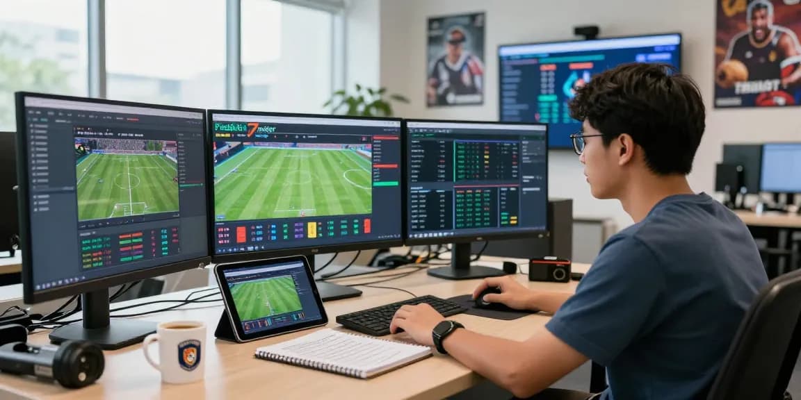 Prediksi 7meter sports analytics dashboard in a modern office