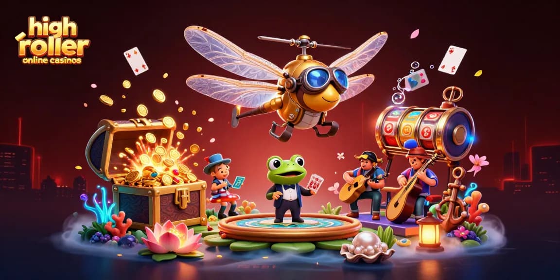 Engage with high roller online casinos as a dragonfly pilot hovers over a lily pad casino.