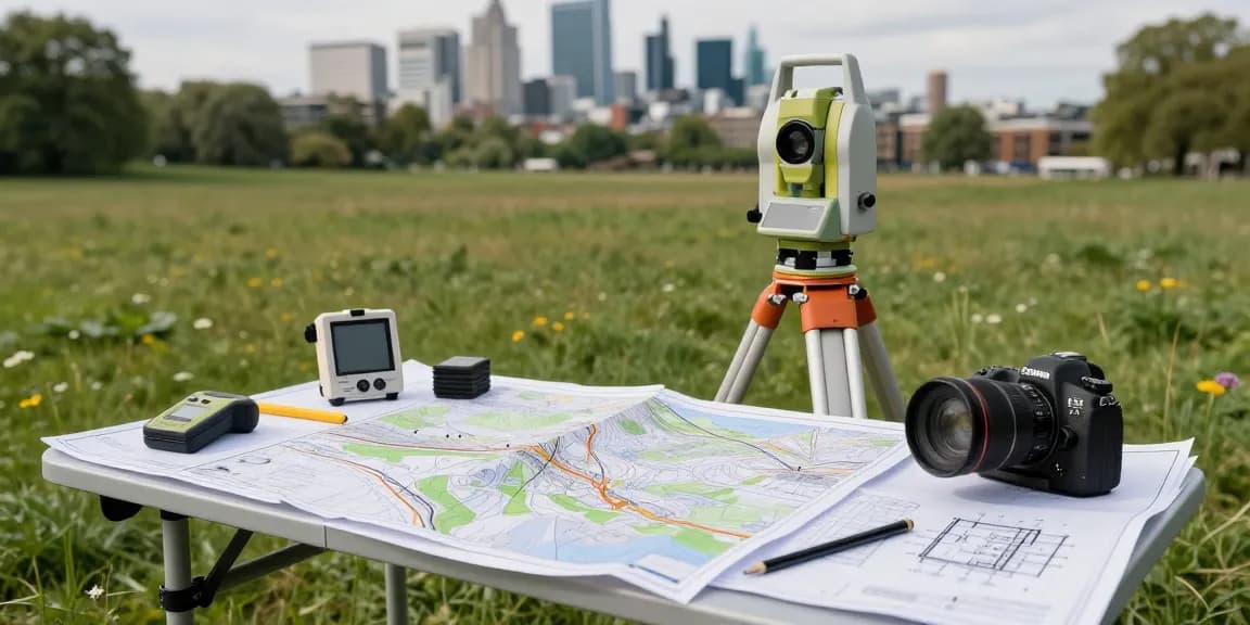 Topographical surveys london & Surrey conducted by a team in the field using advanced surveying equipment.