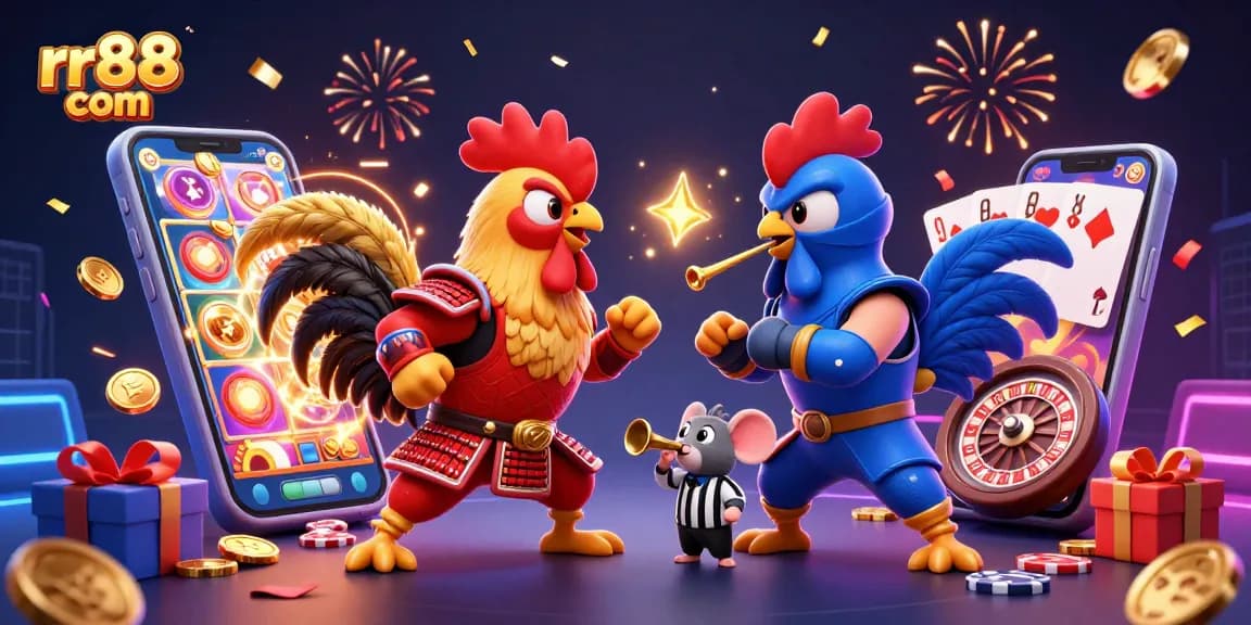Engage in thrilling action at rr88 com with cartoon roosters, slot games, and casino elements!