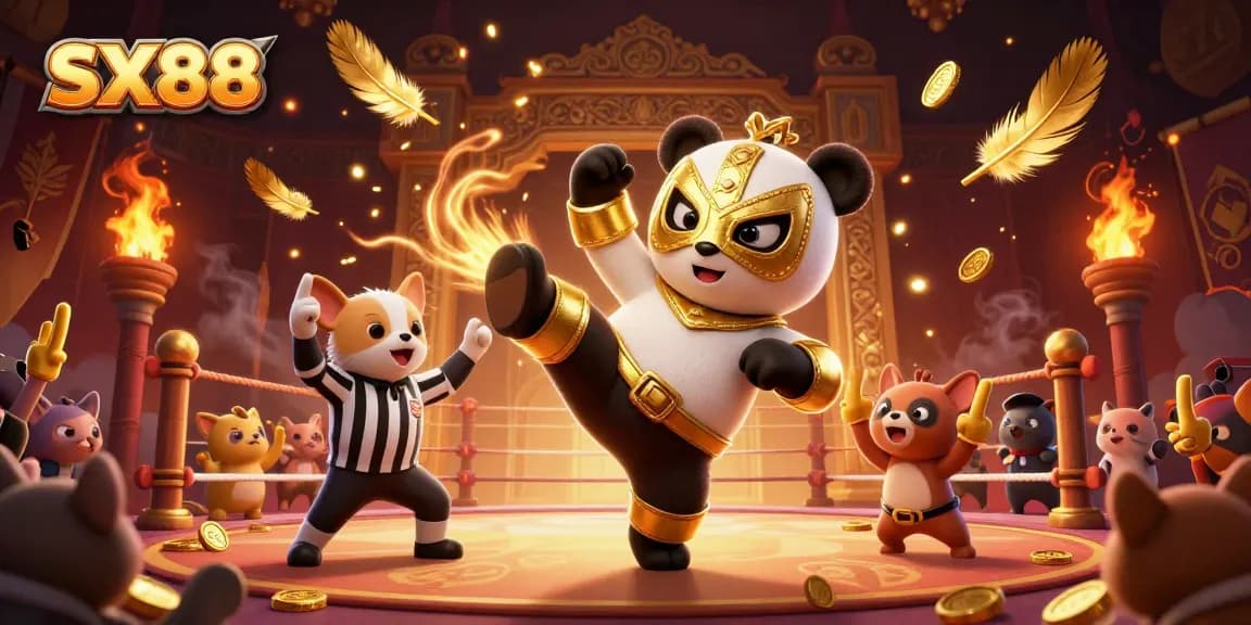 SX88 casino illustration featuring a panda wrestler kicking, a chihuahua referee, and animal fans cheering.