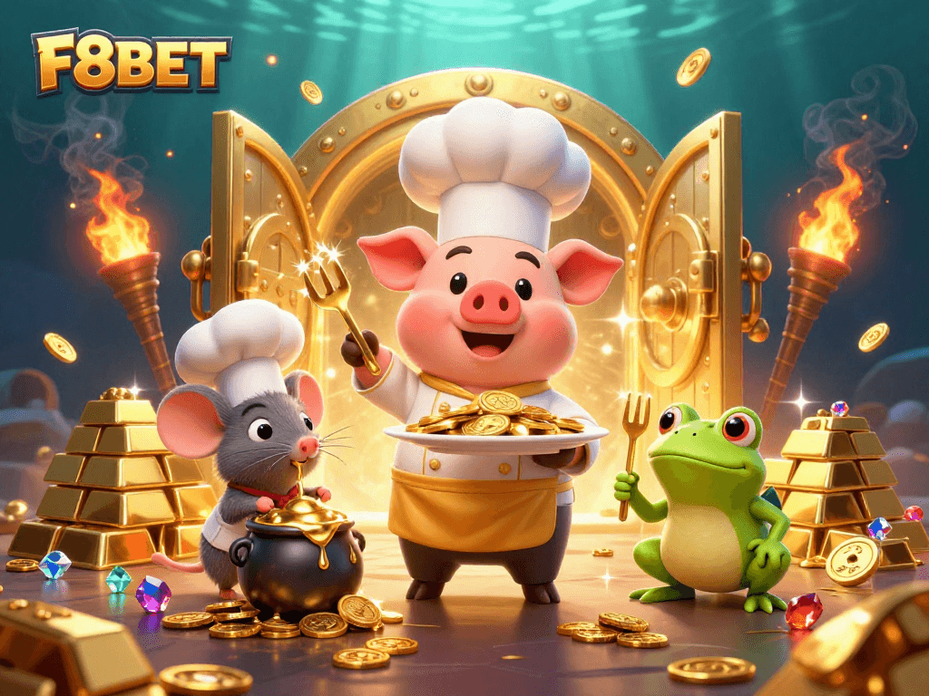 Experience thrilling wins at F8BET with a lavish casino scene featuring animated characters and golden treasures.