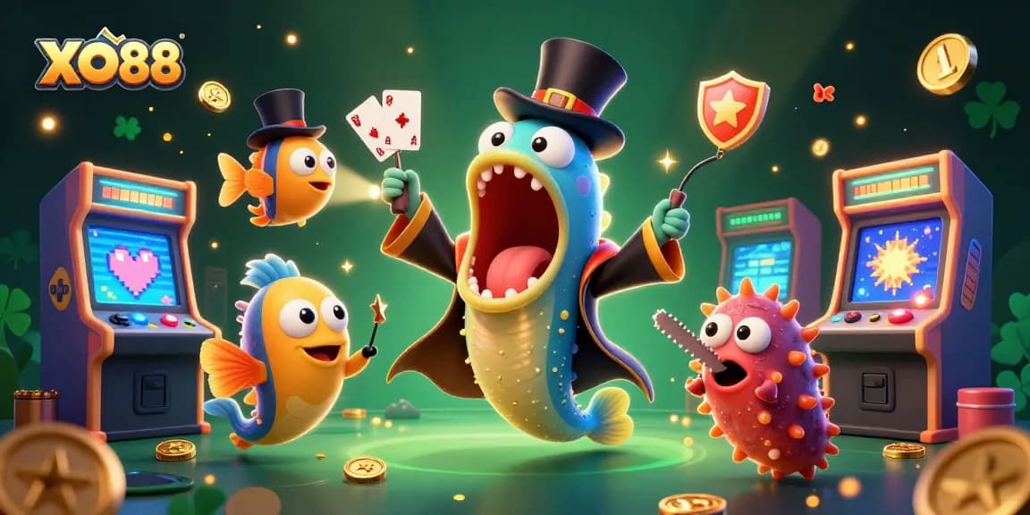 Experience the vibrant magic of XO88 as animated sea creatures perform thrilling card tricks amidst a dazzling casino backdrop.