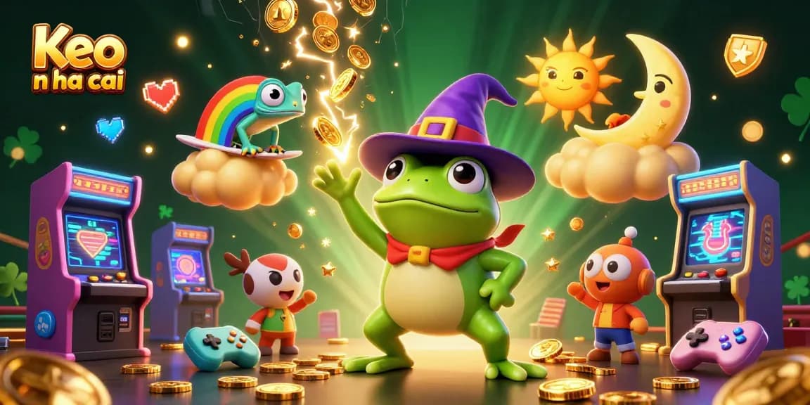 Experience Keo nha cai with dynamic golden coin storms and casino-themed characters in a vibrant illustration.