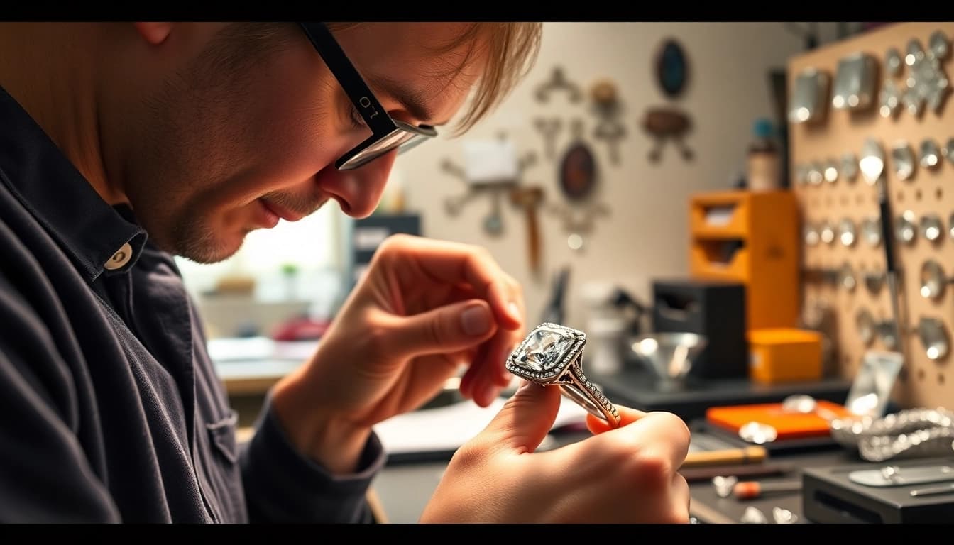 Craft a unique ring with beautiful Eternel Diamonds showcased in a professional jeweler's studio.
