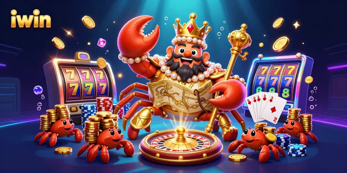Engage with iwin's vibrant slots featuring a golden crab emperor amidst sparkling gems and flying coins.