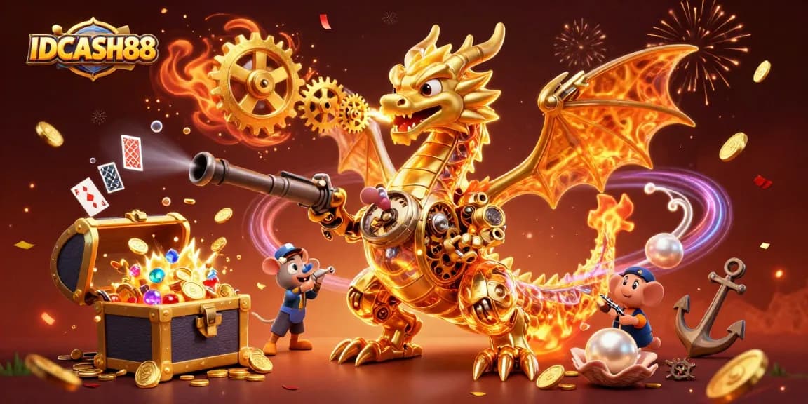 Experience IDCASH88's thrilling world with vibrant dragon animations and dynamic casino treasures.