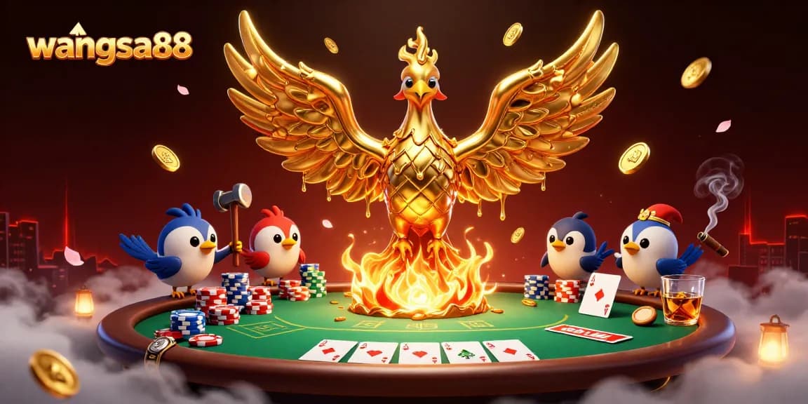 Imagine the vibrant energy of wangsa88 as a golden phoenix emerges, surrounded by dynamic poker elements.