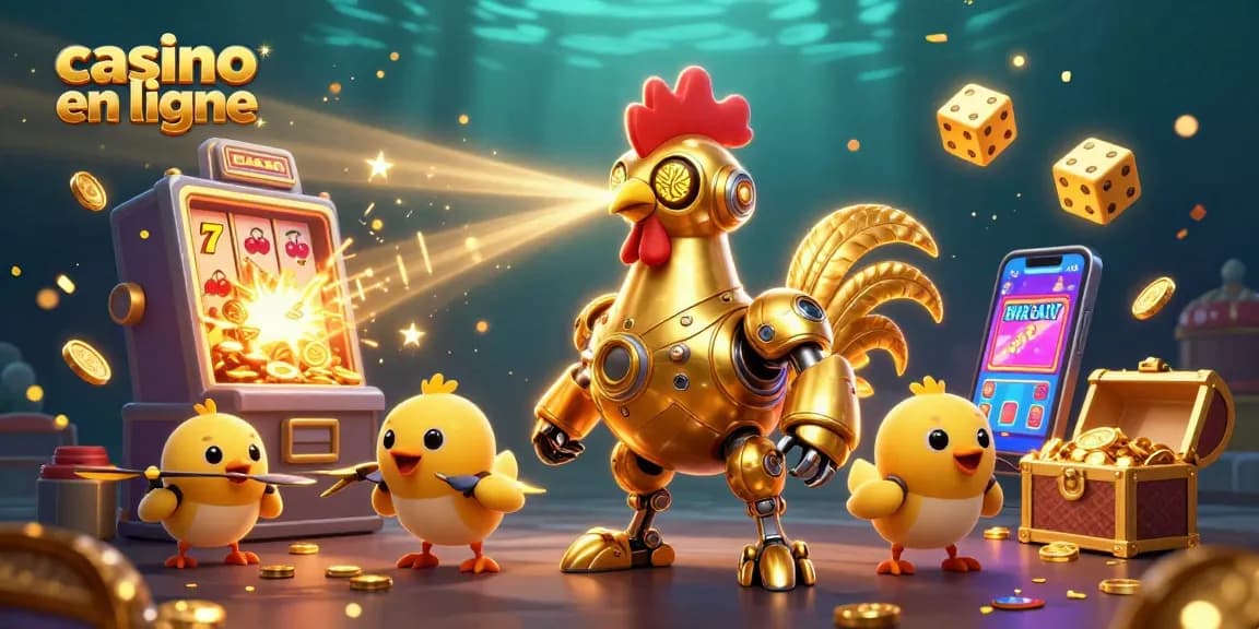 Jouer dans un casino en ligne avec un robot coq doré et des drones poussins.