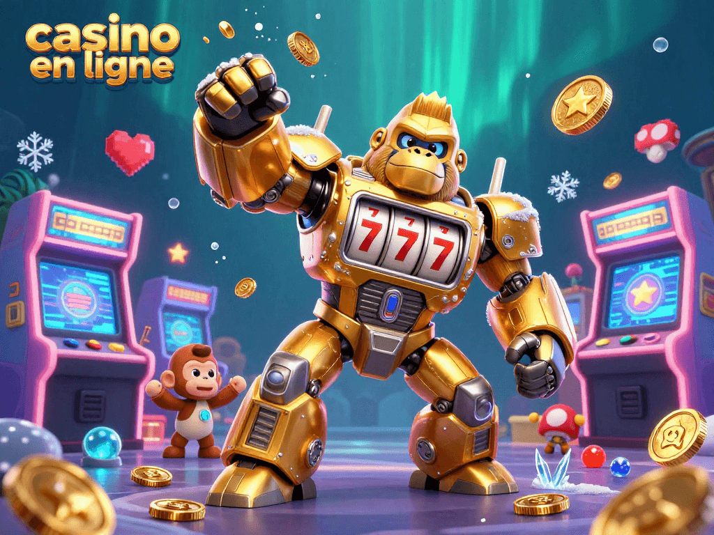 Actionner sur un casino en ligne avec une illustration créative d'un gorille mech doré entouré de machines à sous et de jeux colorés.