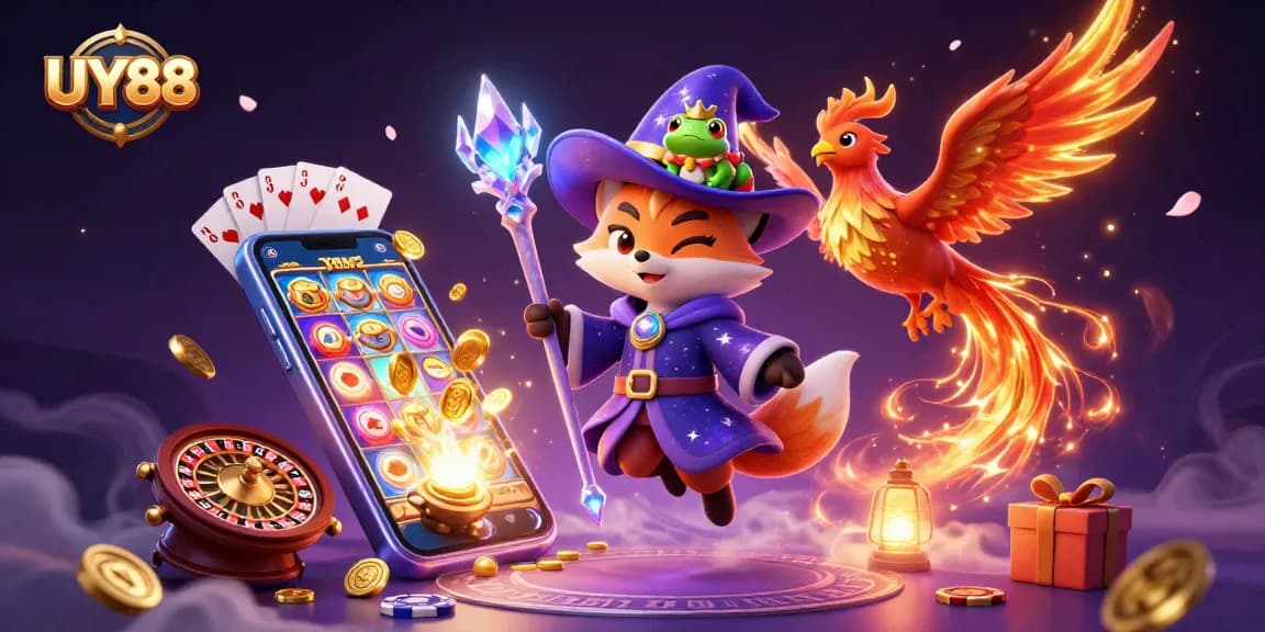 Engage with UY88’s magical gaming universe featuring a wizard fox, phoenix, and smooth slot game fun.