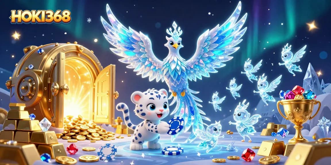 Experience HOKI368 with a vibrant scene of a magical ice phoenix and treasures, enhancing your digital gaming adventure.