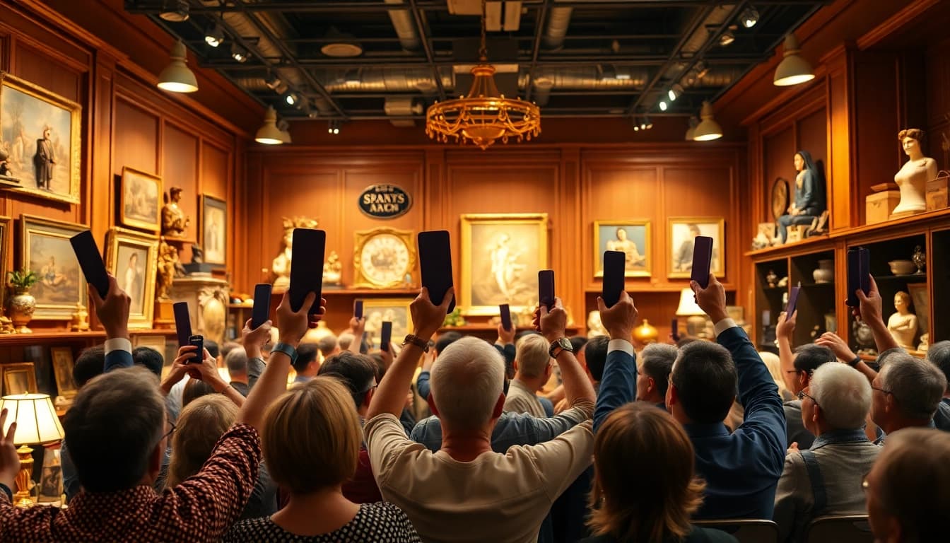 Engaging auction atmosphere at Kinghams with bidders and unique collectibles on display.