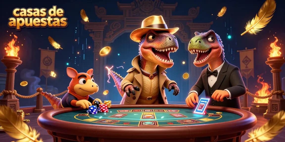 Casas de apuestas emocionantes con un velocirraptor jugando al blackjack en una escena animada.