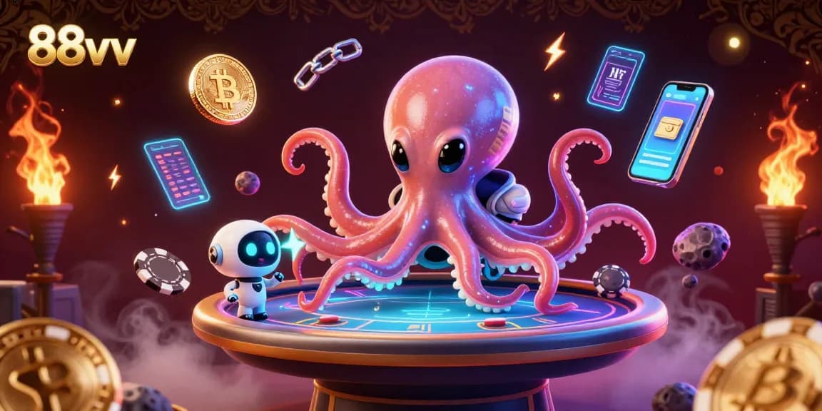 Engage with 88vv's lively crypto poker scene featuring an alien octopus and vibrant elements.