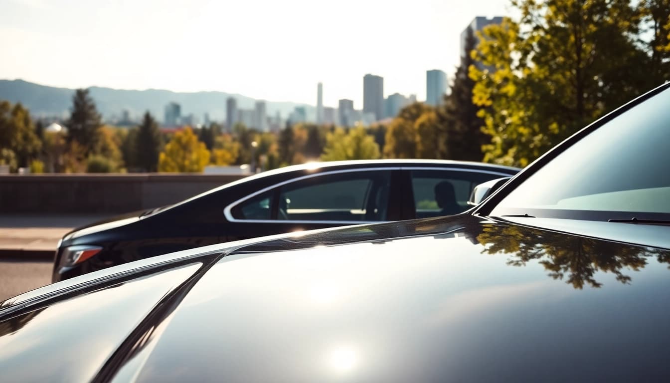 Relaxed professional enjoying car service vancouver through iconic Vancouver skyline.