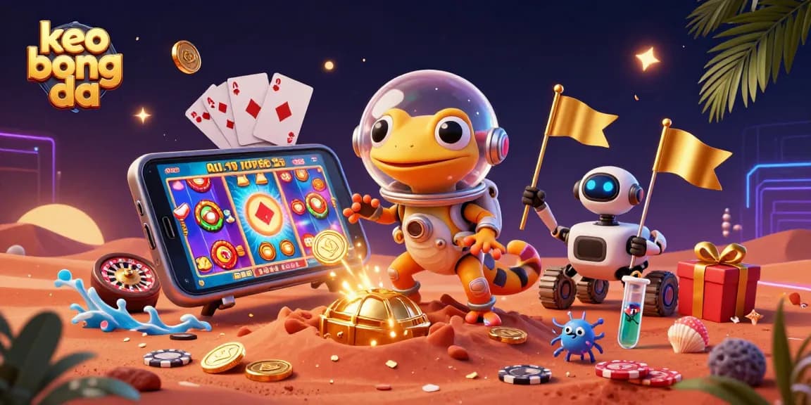 Experience the thrilling action of keo bong da in a vibrant scene with a Martian gecko discovering treasures of gold and slots in a digital casino.