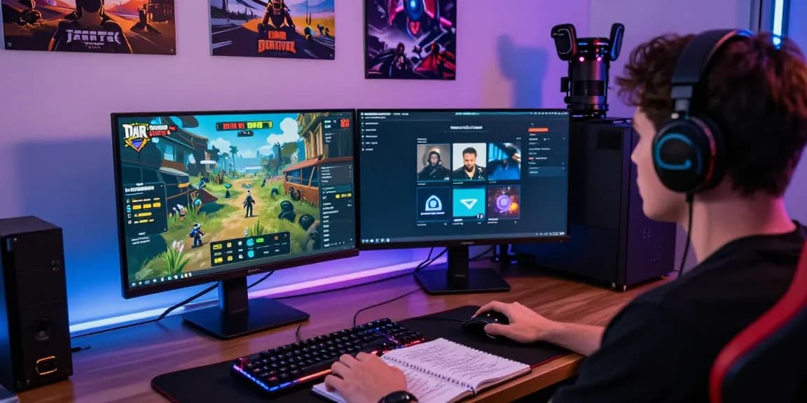 Gamer utilizing a Gathering Macro for Dark War Survival on a gaming setup featuring dual monitors, gaming peripherals, and vibrant decor.