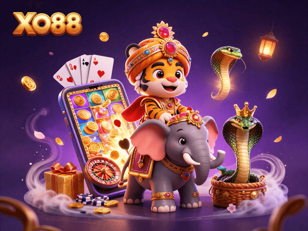 Experience the vibrant world of XO88 with a royal maharaja, jewel-encrusted elephant, and swirling casino elements.