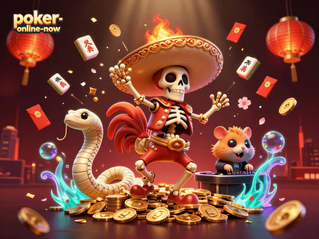 Engage with poker-online-now through a vibrant casino experience featuring a victorious mariachi rooster.