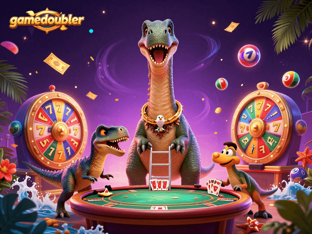 Experience the excitement of gamedoubler with vibrant game elements and characters in a colorful casino scene.