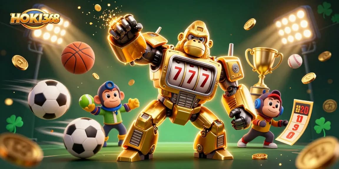 Engage with HOKI368's exciting gameplay featuring a golden gorilla mech amidst flying sports elements.