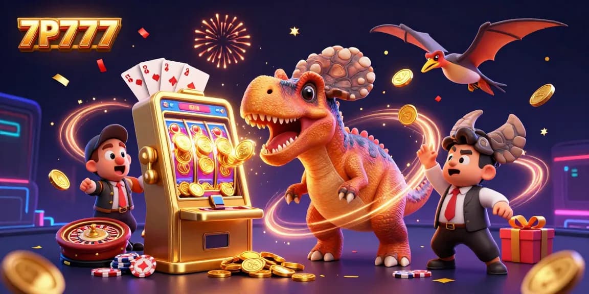 7P777 slots scene with vibrant dinosaur characters enjoying a jackpot win amid casino excitement.