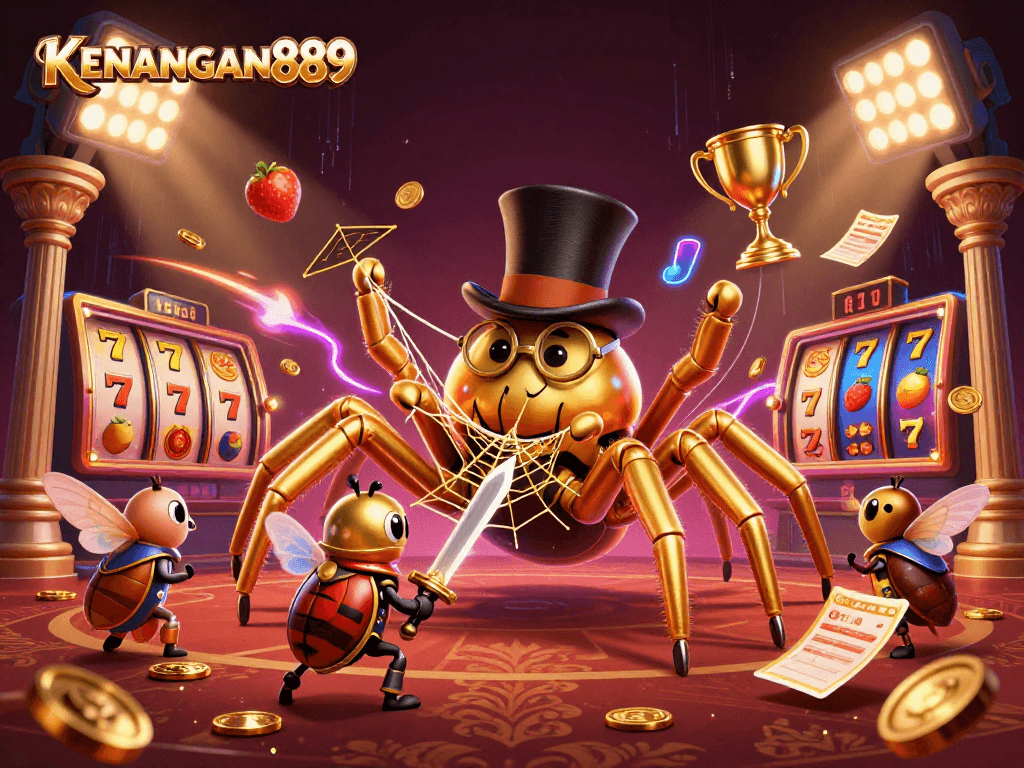 Bet on exciting slot games at KENANGAN889 while encountering thrilling characters in a vibrant casino scene.