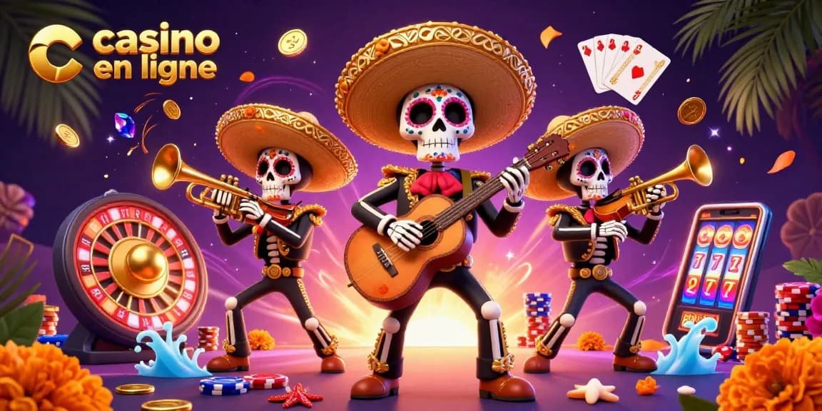 Profitez d'une expérience immersive de casino en ligne avec une illustration colorée de mariachis et d'éléments de jeu.