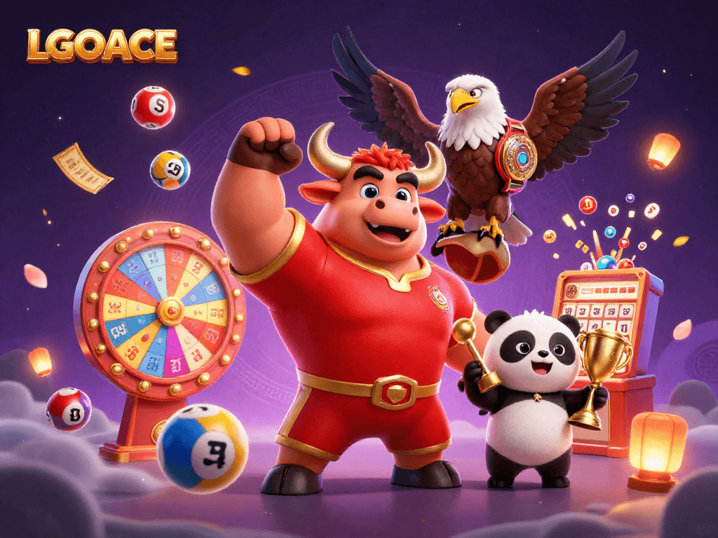 LGOACE offers exciting gameplay with dynamic lottery elements and happy characters celebrating wins in a vibrant casino atmosphere.